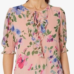 Ralph  Lauren XS pink floral crinkle georgette short sleeve blouse